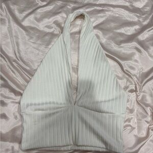 Ribbed Halter V-Neck Crop Top in White